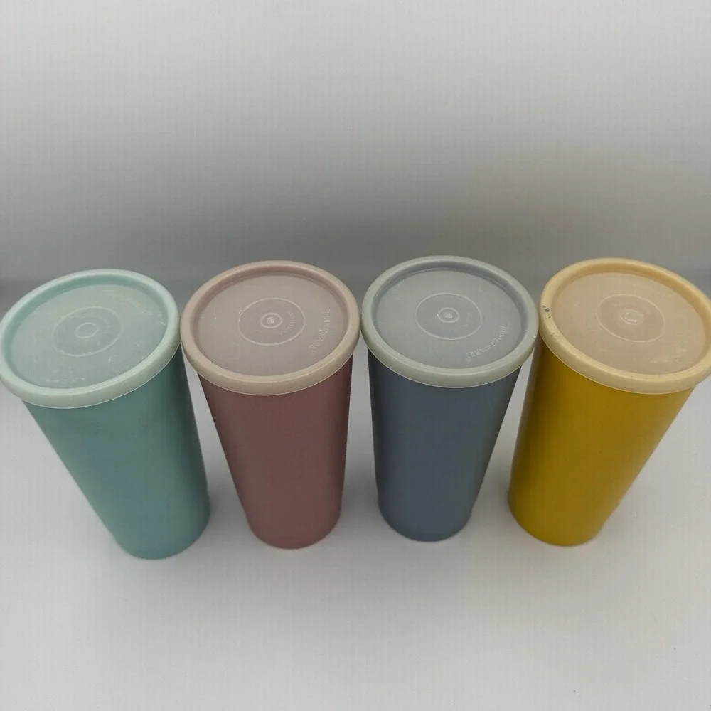 Set Of 4 Vintage Tupperware #1348 Tumbler Cups W/Lids Stackable Yellow Pink Blue